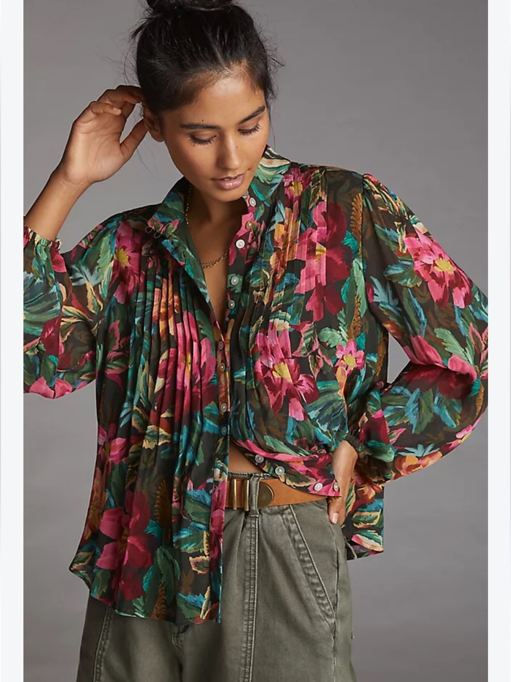 Farm Rio X Anthropologie Pintucked Floral Button Down Blouse Size M